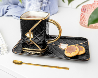 BAG mug ceramic set with spoon & saucer - BLACK
